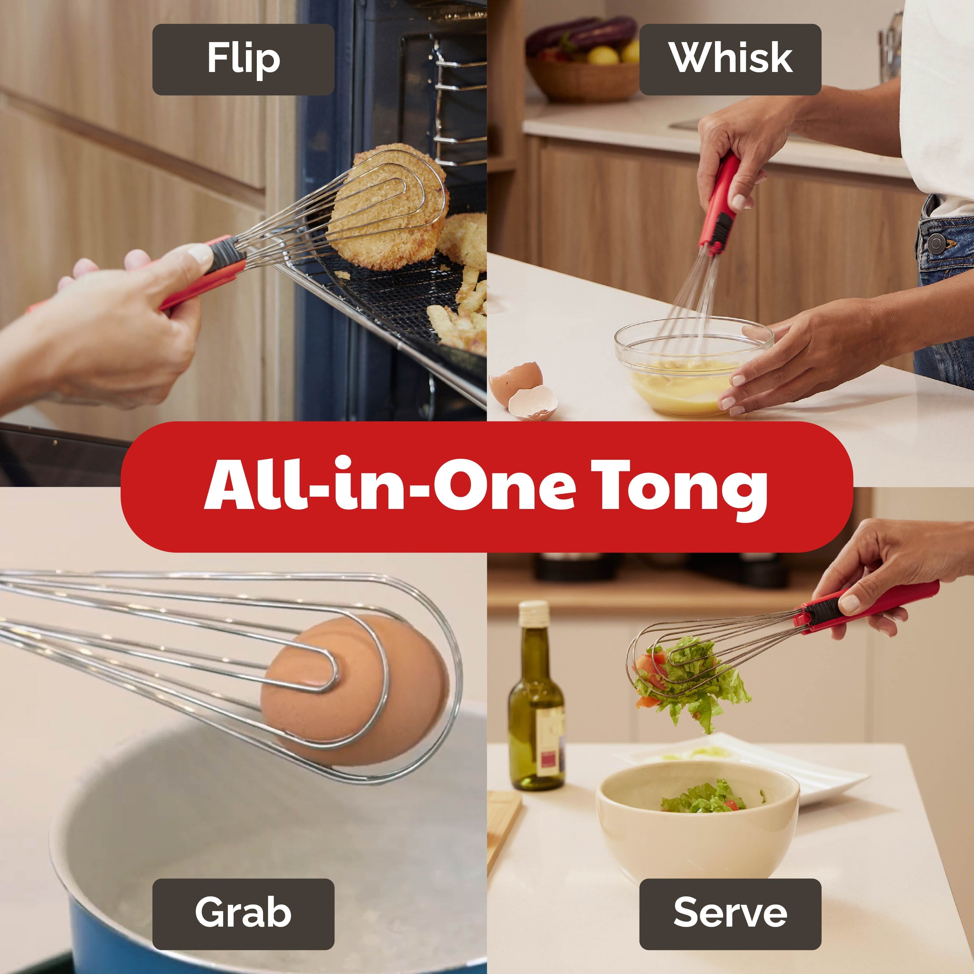 Foodie Tongs for Cooking - Dishwasher Safe 6-In-1 Kitchen Gadget - Red