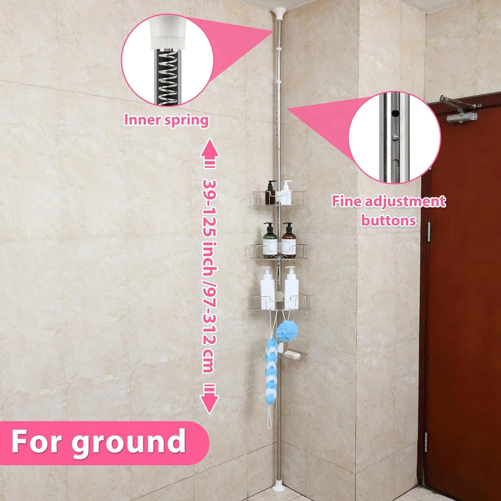 Shower Organizer Caddy 39-125" Stainless Steel Shower Shelves Rack for inside Shower Bathroom Bathtub Caddy Rustproof Tension Pole Silver