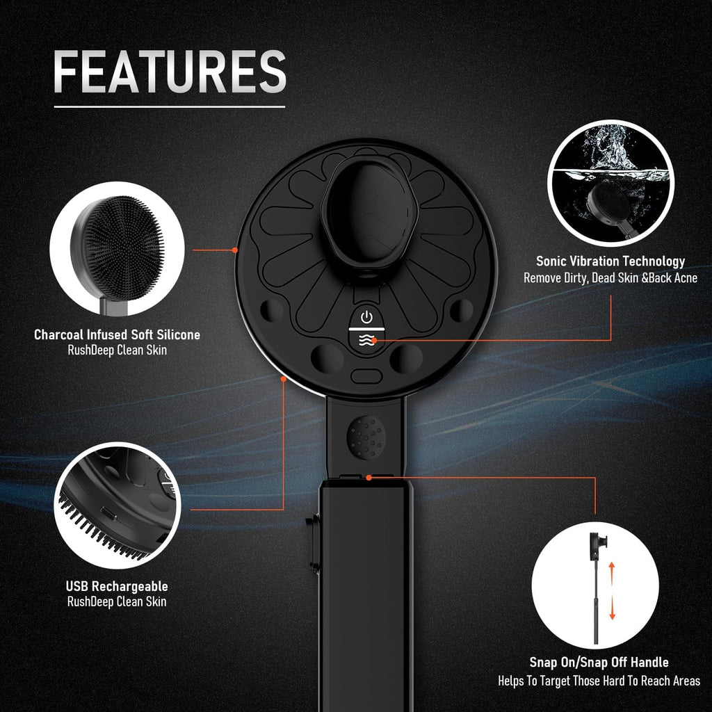 Upgraded Electric Body Scrubber, Sonic Scrubber Pro - Water Resistant, 4 Settings, 2 Speeds & 2 Modes, Massage Brush with Charcoal Infused Silicone Bristles for Deep Clean