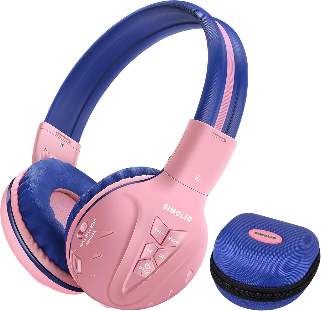 Kids Wireless Headphones Girls with Volume Limited, Bluetooth Headphones with Microphone, Foldable and Adjustable, Stereo Wireless Over-Ear Headset for Children Ipad Kindle Fire Tablet Pink