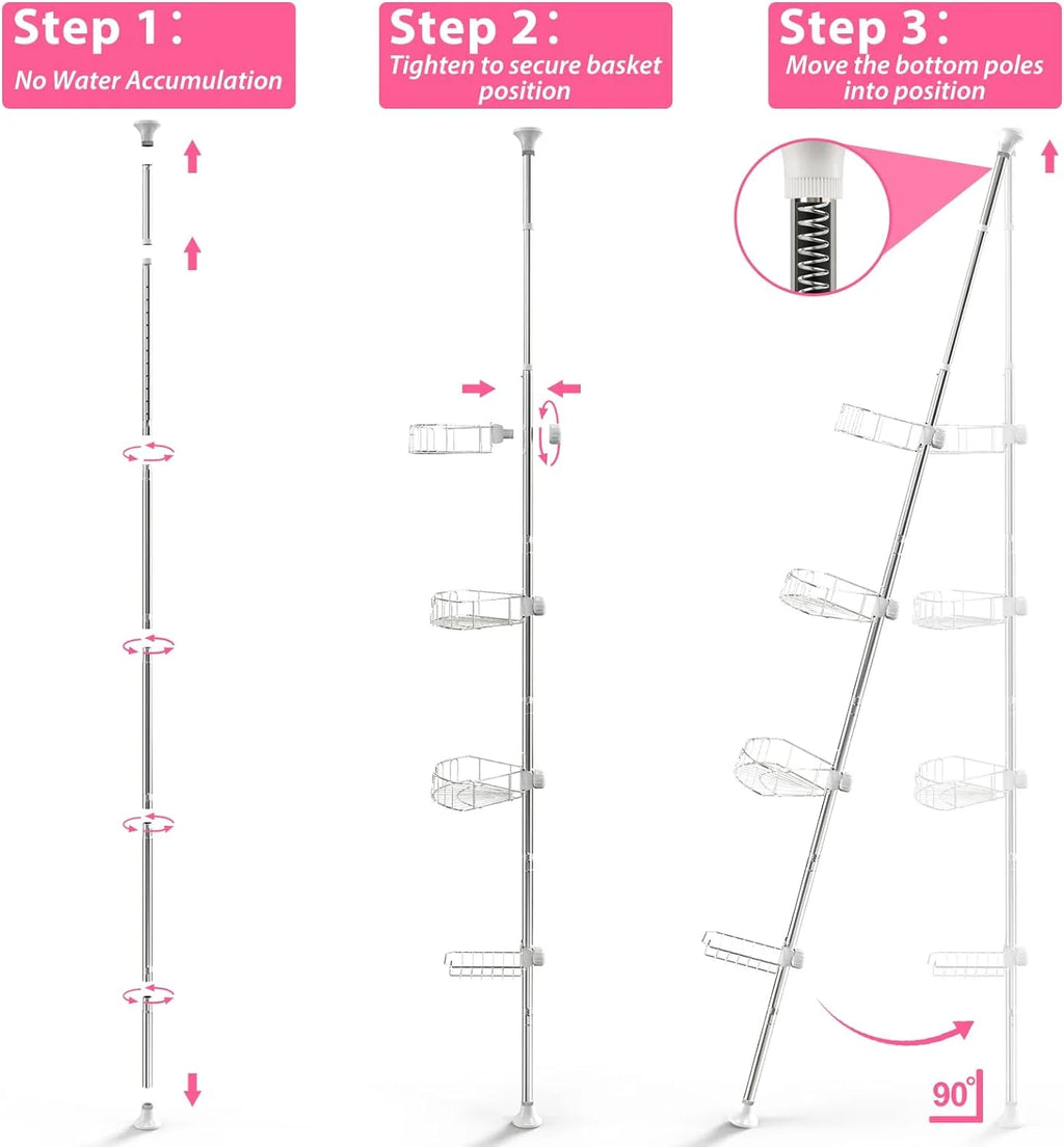 Shower Organizer Caddy 39-125" Stainless Steel Shower Shelves Rack for inside Shower Bathroom Bathtub Caddy Rustproof Tension Pole Silver
