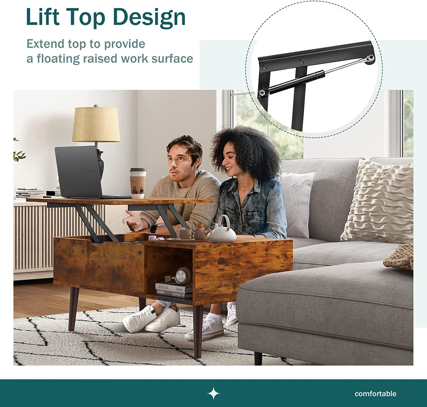 Adjustable Height Wooden Coffee Table with Hidden Compartments and Shelves - Perfect for Small Homes, Apartments, Reception Rooms, Rust Brown