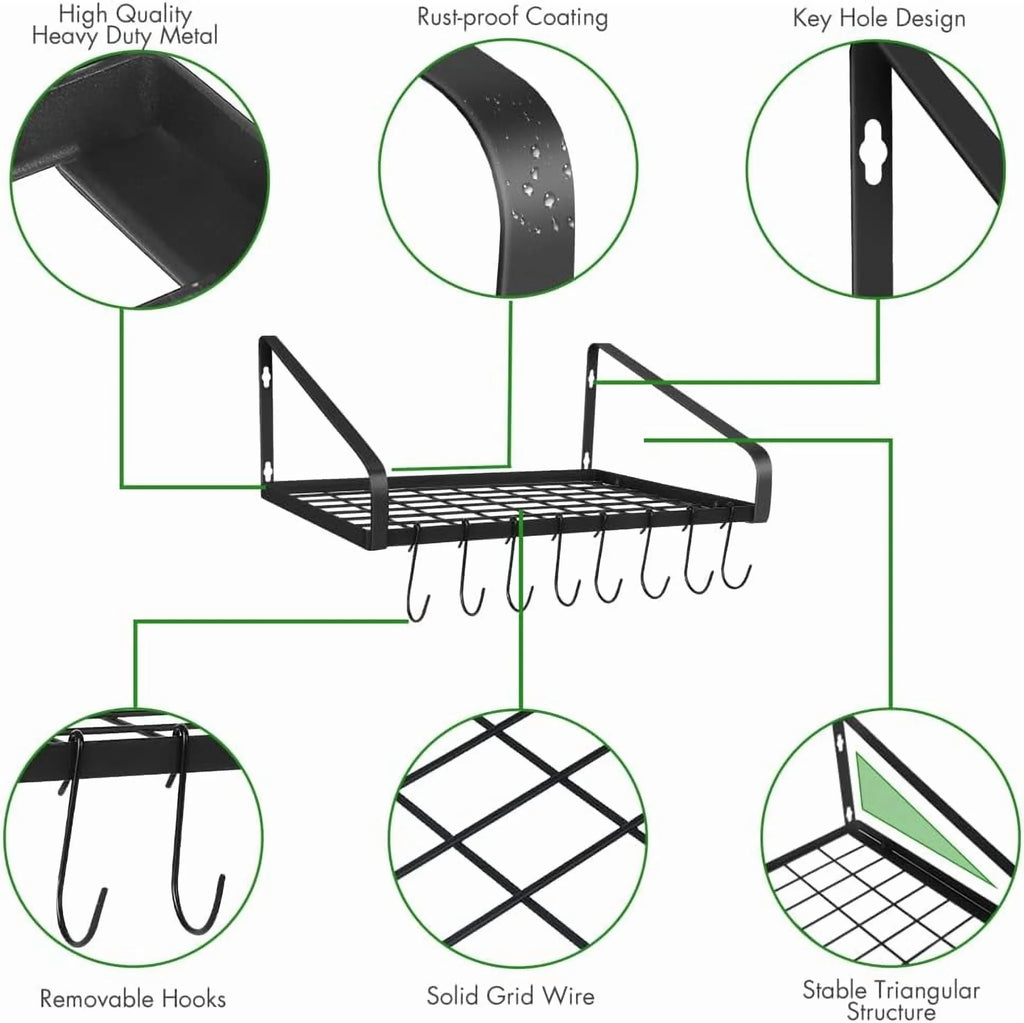 Black Steel Wall Mounted Hanging Pot Rack with 8 Hooks for Kitchen Cookware and Utensils, 2 DIY Methods