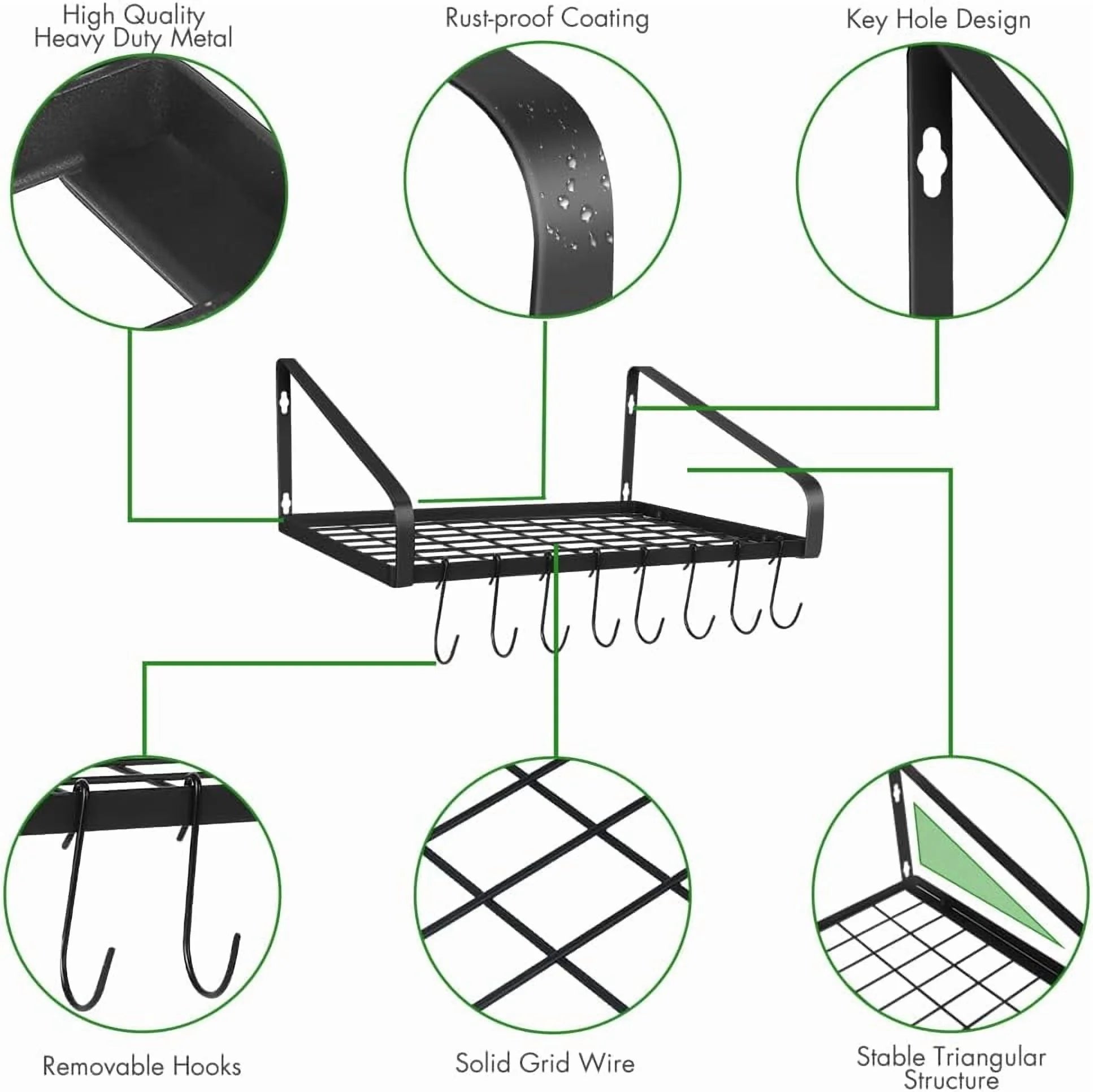 Black Steel Wall Mounted Hanging Pot Rack with 8 Hooks for Kitchen Cookware and Utensils, 2 DIY Methods