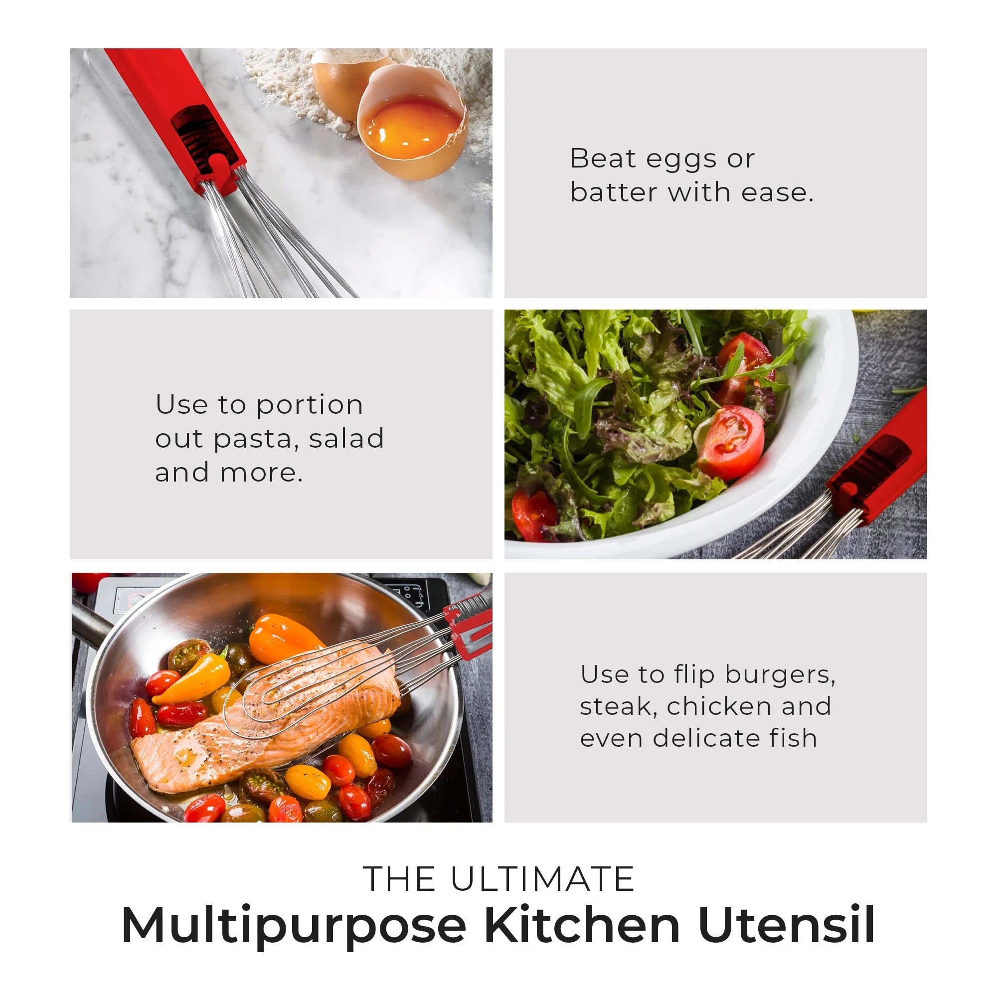 Foodie Tongs for Cooking - Dishwasher Safe 6-In-1 Kitchen Gadget - Red