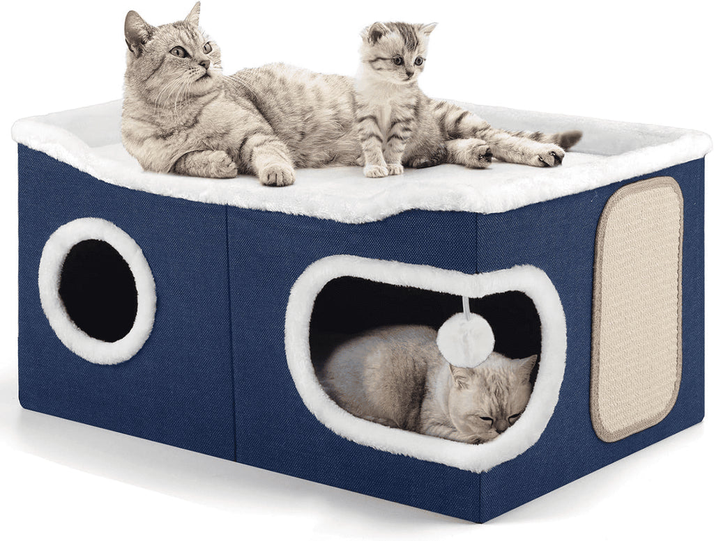Cat Beds for Indoor Cats, Extra Wide Large Cat House for Pet Cat Cave with Scratch Pad and Fluffy Hanging Ball,Foldable Cat Cube Hideaway,Blue