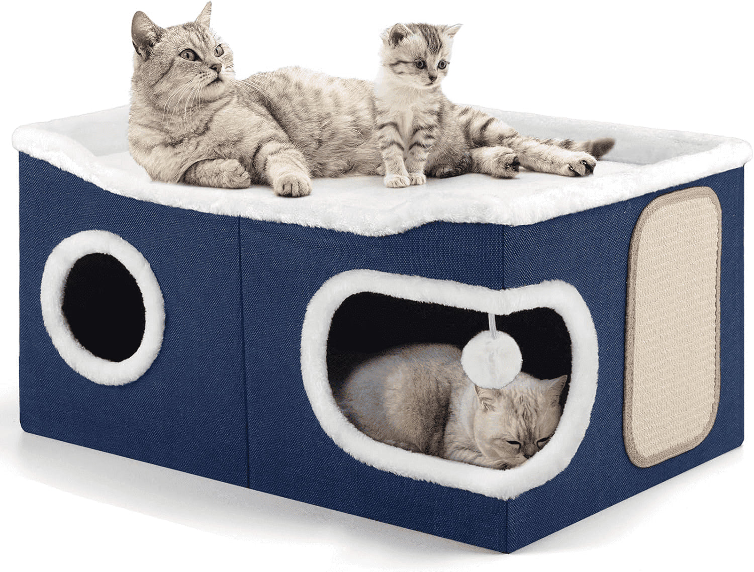 Cat Beds for Indoor Cats, Extra Wide Large Cat House for Pet Cat Cave with Scratch Pad and Fluffy Hanging Ball,Foldable Cat Cube Hideaway,Blue