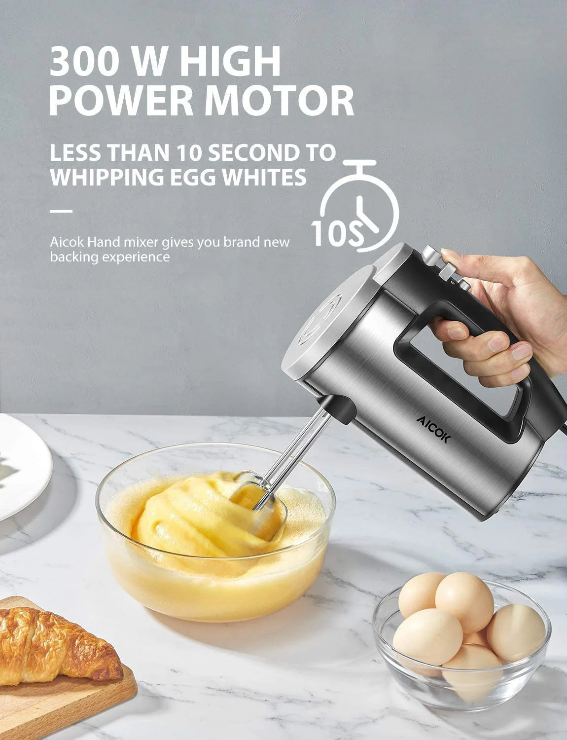 Hand Mixer Electric 6 Speed 300W Turbo Kitchen Handheld Mixer Self-Control Speed Stainless Steel for Easy Whipping Dough, Cream, Cake