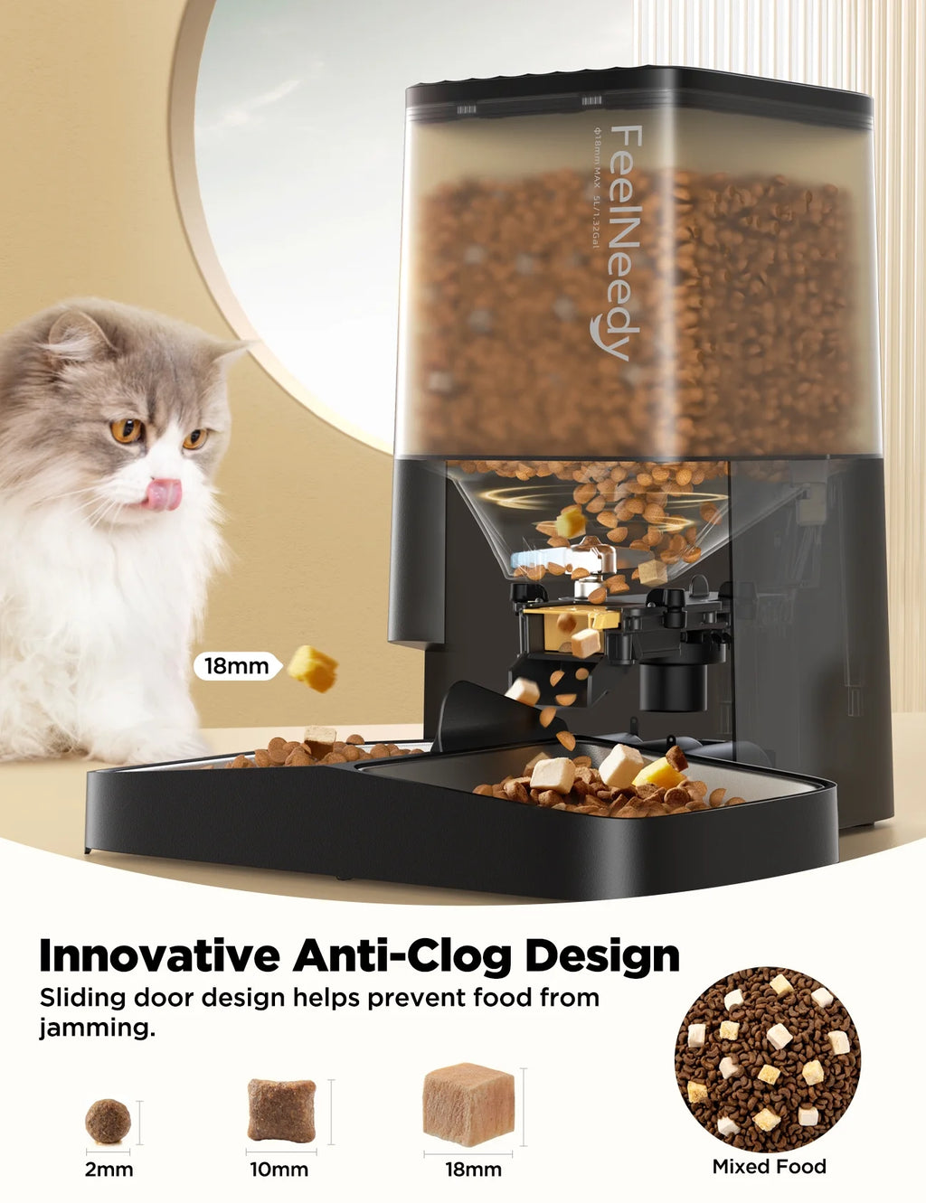 Automatic Cat Feeder, 5L Timed Pet Food Dispenser, Elevated Cat Dog Feeder with 2 Stainless Steel Bowls, Black