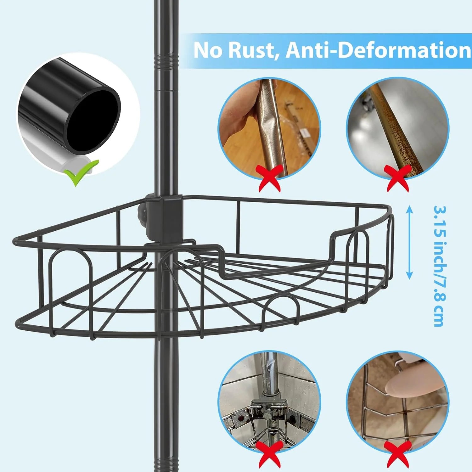 Shower Organizer Caddy 39-125" Stainless Steel Shower Shelves Rack for inside Shower Bathroom Bathtub Caddy Rustproof Tension Pole Black