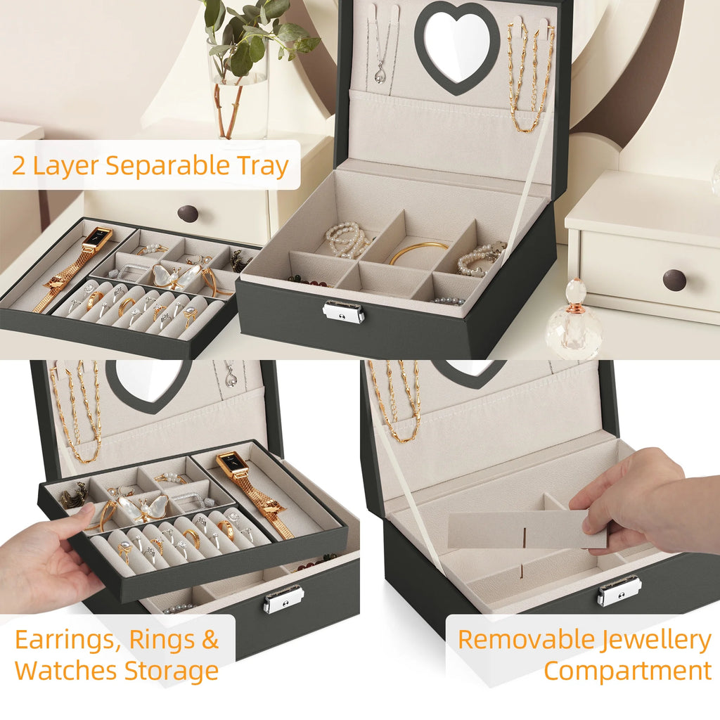 Portable Jewelry Box with Mirror for Women Girls Double Layer Display Storage Organizer Earrings Ring Necklace Watches Bracelets（Black）
