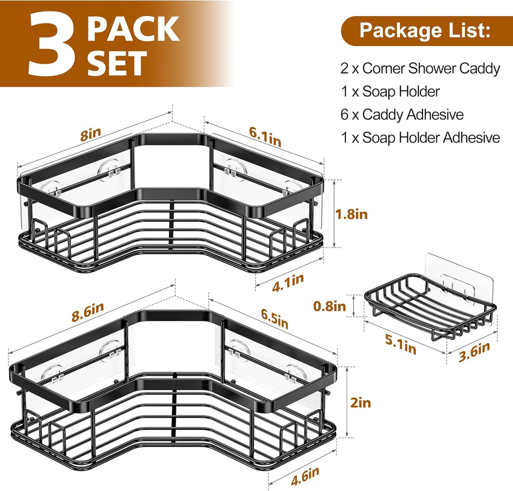 3 Pack Corner Shower Caddy with Soap Holder, Large Capacity Sturdy Easy Install No Drilling Stainless Steel Hold 40 LBS Shower Organizer Shelves Rack Storage for Family Renters Bathroom, Black