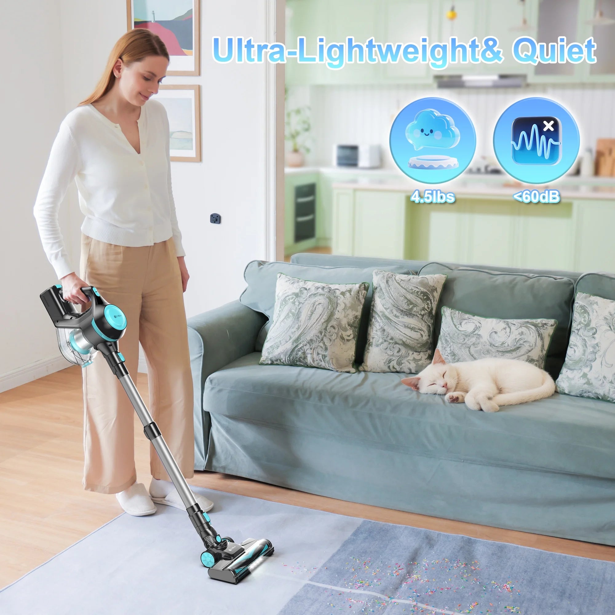 Cordless Vacuum Cleaner, 30Kpa Powerful Suction Stick Vacuum, 6 in 1 Lightweight Vacuum Cleaners for Home Hardfloor Carpet Pet Hair, N15