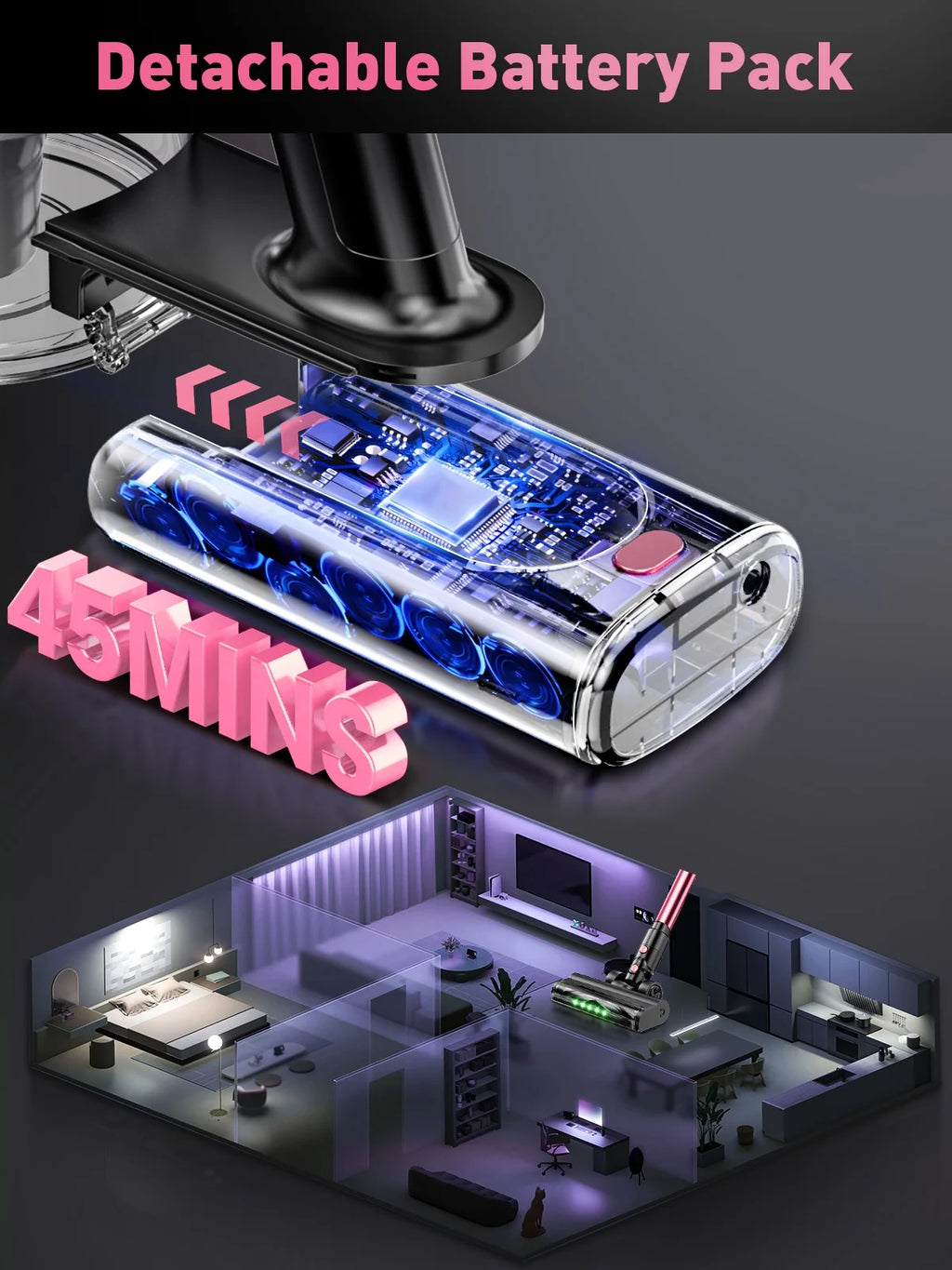 Cordless Vacuum Cleaner, 33Kpa 8 in 1 Lightweight Stick Vacuum, Anti-Tangle Brush with Green Light, 40Mins Runtime Rechargeable Vacuums for Hardwood Floor, Carpet, Pet Hair, Pink