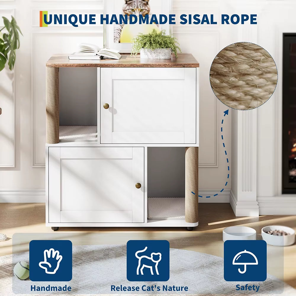 31.5'' 2 Tiered Cat Litter Box Enclosure Double Litterbox Furniture with Scratch Posts & Litter Mats Wood Cat Washroom