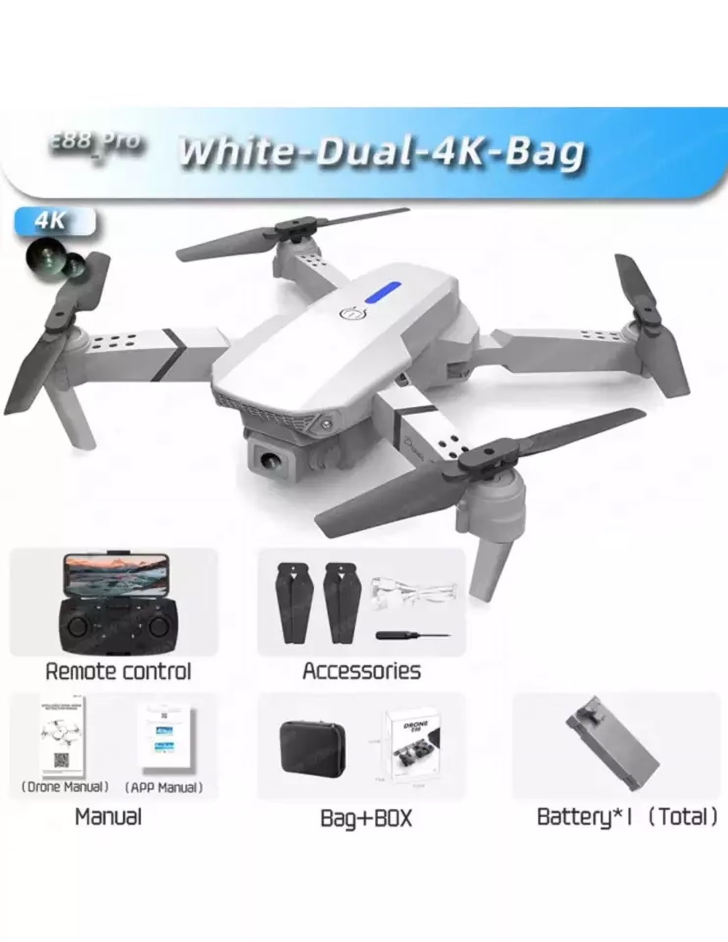 2024 4K White New RC Dual Camera Drones, Wifi FPV Foldable Drones, 4K E88 Pro Drone