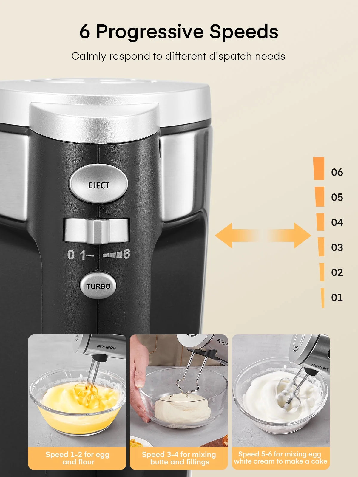 Hand Mixer Electric 6 Speed 300W Turbo Kitchen Handheld Mixer Self-Control Speed Stainless Steel for Easy Whipping Dough, Cream, Cake