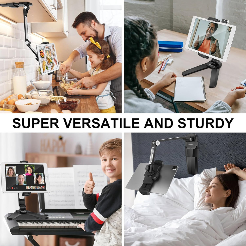 Ipad Wall Mount, 3 in 1 Highflex 360° under Cabinet Ipads Mount for Kitchen, Tablet Celling under Counter Holder, Kitchen Tablet Mount Fits 4.7" to 13.5" Ipad, Mini, Air, Surface Pro - Black
