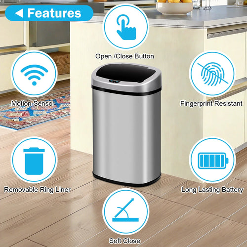 13 Gallon Kitchen Trash Can Automatic Stainless-Steel Garbage Can with Touch-Free & Motion Sensor, Anti-Fingerprint Mute Designed Brushed Waste Bin for Home, Silver