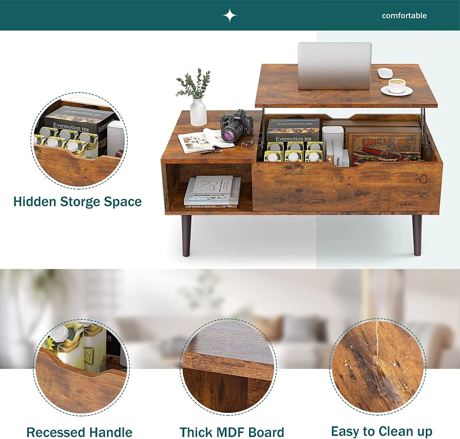 Adjustable Height Wooden Coffee Table with Hidden Compartments and Shelves - Perfect for Small Homes, Apartments, Reception Rooms, Rust Brown