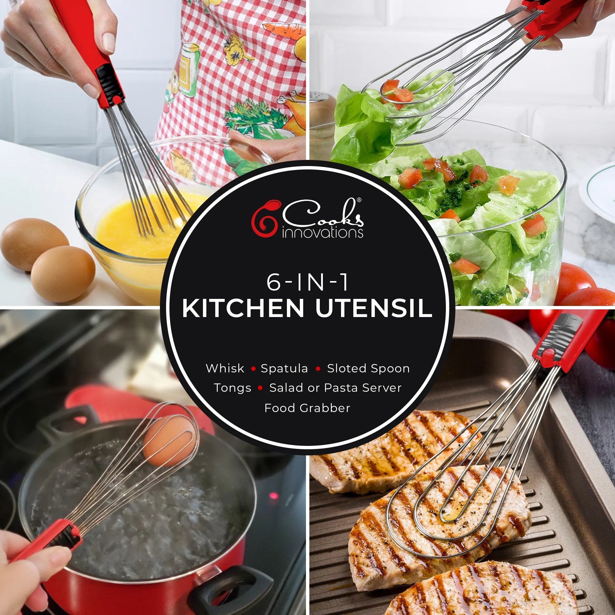 Foodie Tongs for Cooking - Dishwasher Safe 6-In-1 Kitchen Gadget - Red