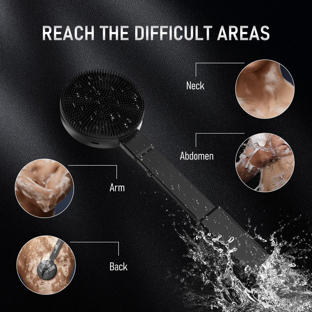 Upgraded Electric Body Scrubber, Sonic Scrubber Pro - Water Resistant, 4 Settings, 2 Speeds & 2 Modes, Massage Brush with Charcoal Infused Silicone Bristles for Deep Clean