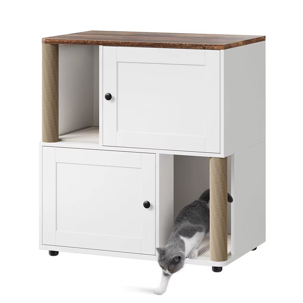 31.5'' 2 Tiered Cat Litter Box Enclosure Double Litterbox Furniture with Scratch Posts & Litter Mats Wood Cat Washroom