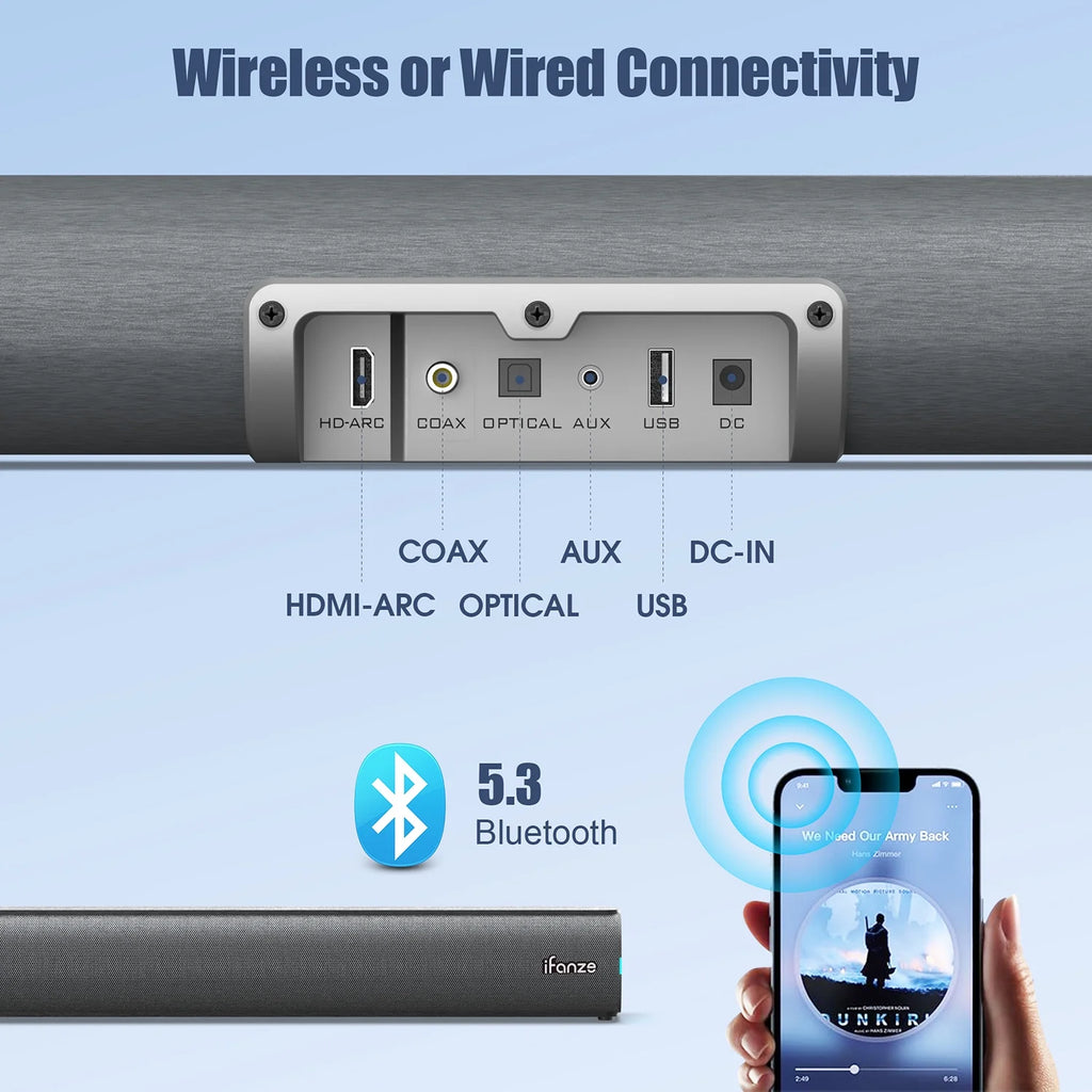 100W 28-Inch Bluetooth 5.3 Sound Bar with HDMI, Home Theater Surround Sound System with Built-In Subwoofer for Smart TV with Remote, Brushed Finish Gray