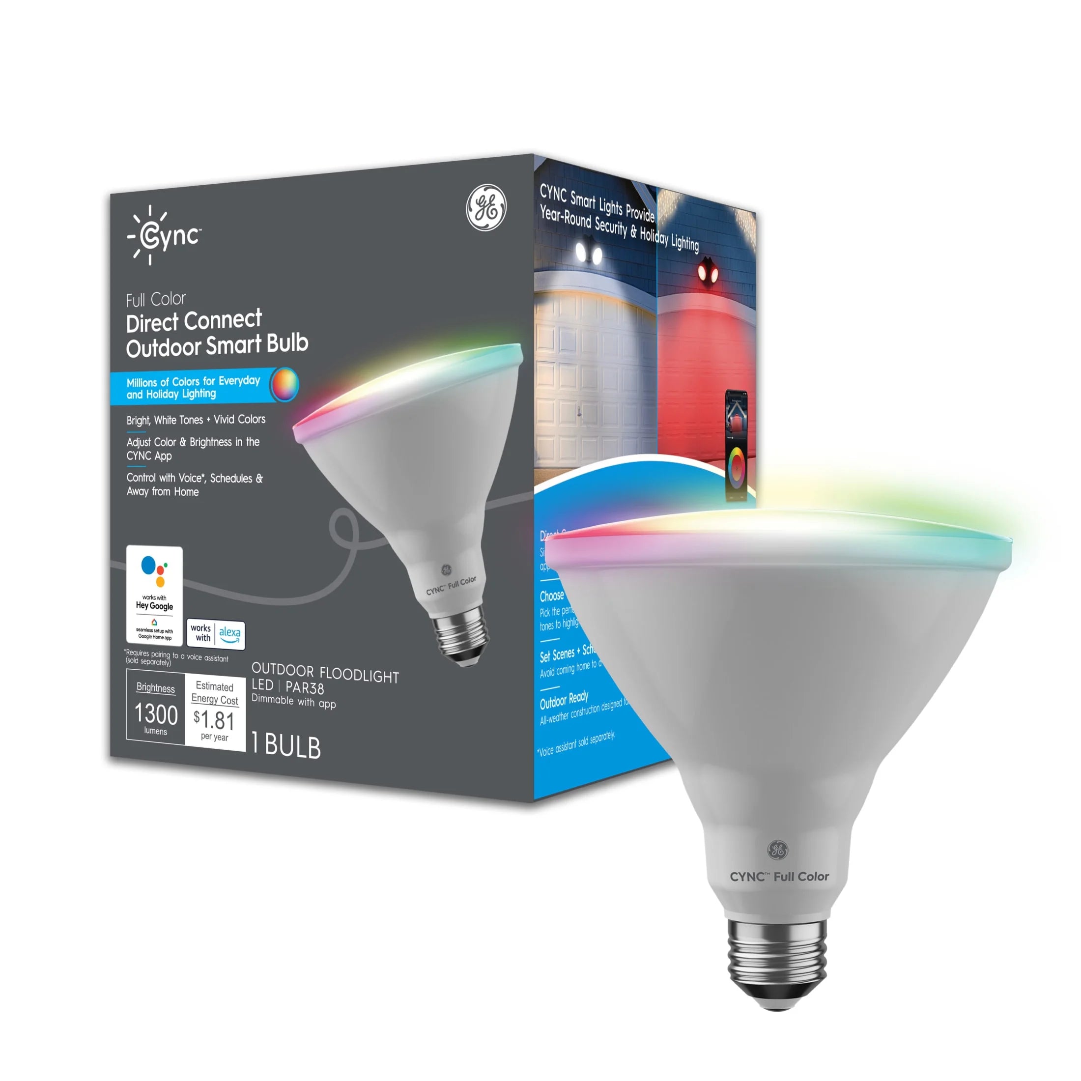 GE Cync PAR38 Smart LED Light Bulb, Color Changing Outdoor Décor Lights, 90 Watts, Medium Base, 1Pk