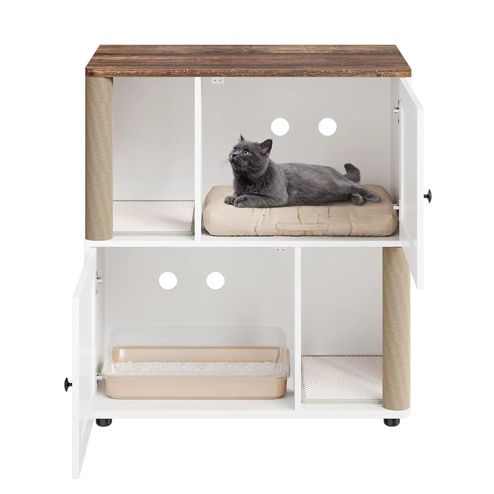 31.5'' 2 Tiered Cat Litter Box Enclosure Double Litterbox Furniture with Scratch Posts & Litter Mats Wood Cat Washroom