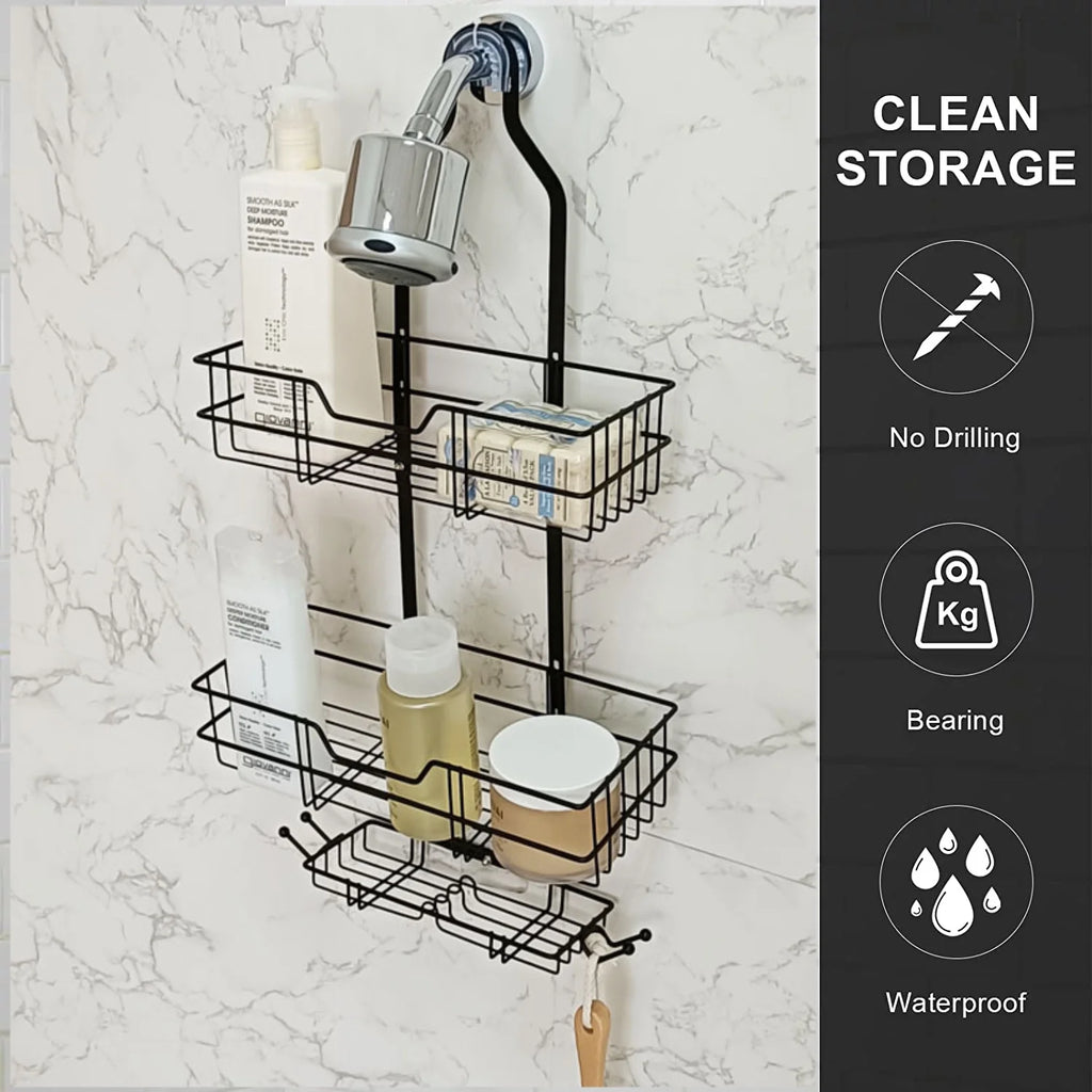 Over Head Shower Organizer, 3 Shelves Hanging Shower Caddy with Hooks, Bathroom Storage Rack for Razor Shampoo and Sponge, Rustproof, No Drilling, Black