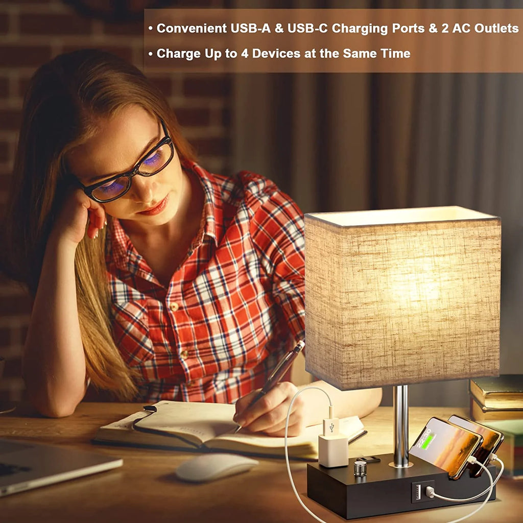 (4 Pack)  Bedside Table Lamp for Bedroom with Dual Fast USB Charging Ports, Fully Dimmable Nightstand Lamps with 2 Phone Stands and 2 Charging Outlets, Desk Lamp with Fabric Shade for Living Room