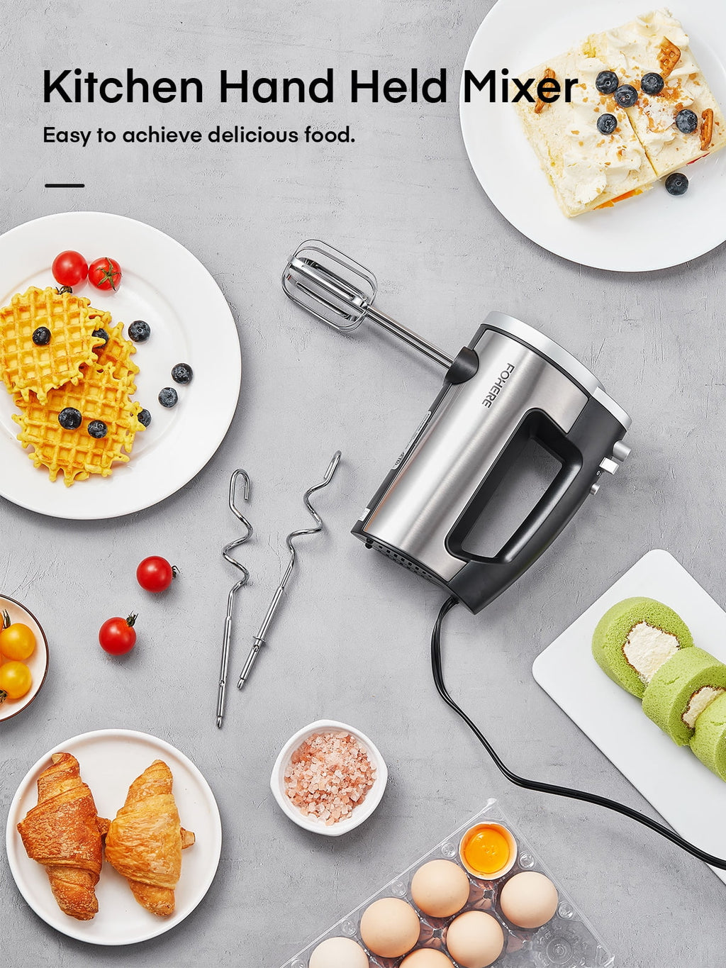 Hand Mixer Electric 6 Speed 300W Turbo Kitchen Handheld Mixer Self-Control Speed Stainless Steel for Easy Whipping Dough, Cream, Cake