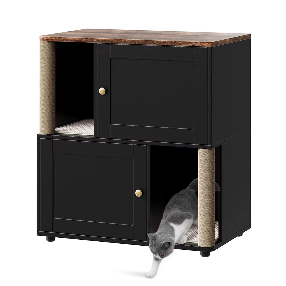 31.5'' 2 Tiered Cat Litter Box Enclosure Double Litterbox Furniture with Scratch Posts & Litter Mats Wood Cat Washroom