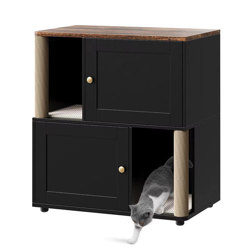 31.5'' 2 Tiered Cat Litter Box Enclosure Double Litterbox Furniture with Scratch Posts & Litter Mats Wood Cat Washroom