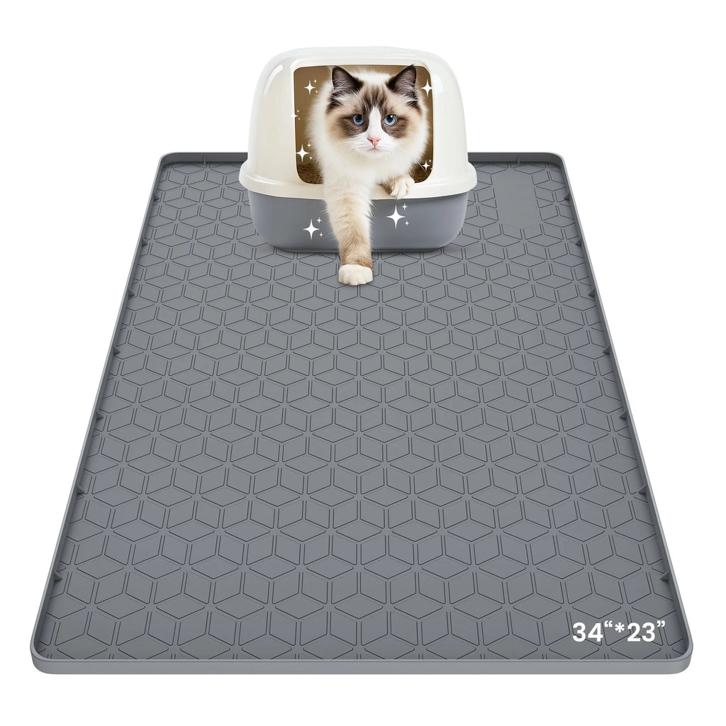 Cat Litter Mat Waterproof, 34" X 23" Non-Slip Silicone Large Cat Litter Mat, Cat Litter Box Mat for Litter Trapping, Easy to Store Kitty Litter Mat, Dark Gray
