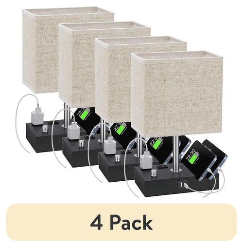 (4 Pack)  Bedside Table Lamp for Bedroom with Dual Fast USB Charging Ports, Fully Dimmable Nightstand Lamps with 2 Phone Stands and 2 Charging Outlets, Desk Lamp with Fabric Shade for Living Room
