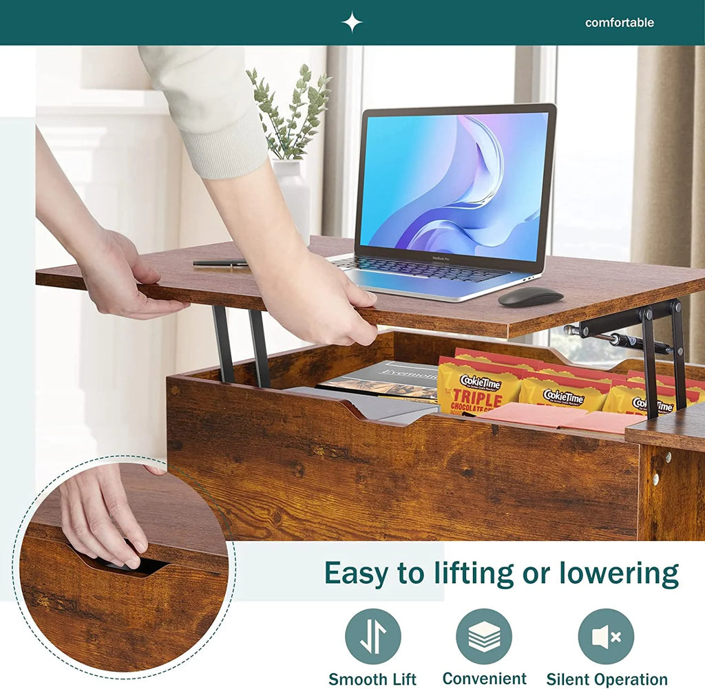 Adjustable Height Wooden Coffee Table with Hidden Compartments and Shelves - Perfect for Small Homes, Apartments, Reception Rooms, Rust Brown