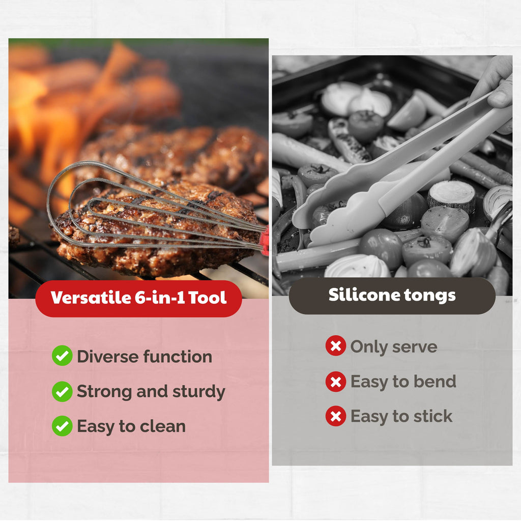 Foodie Tongs for Cooking - Dishwasher Safe 6-In-1 Kitchen Gadget - Red