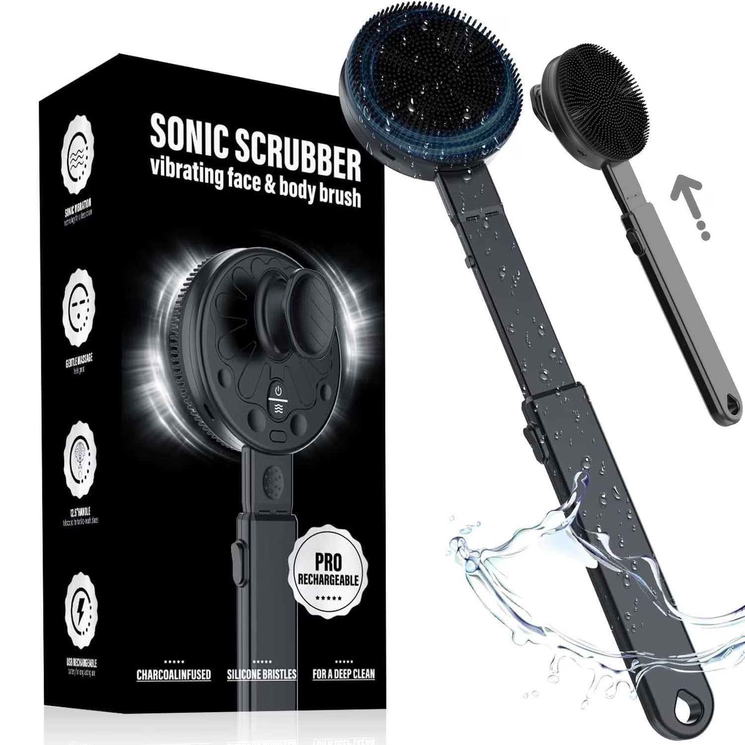 Upgraded Electric Body Scrubber, Sonic Scrubber Pro - Water Resistant, 4 Settings, 2 Speeds & 2 Modes, Massage Brush with Charcoal Infused Silicone Bristles for Deep Clean