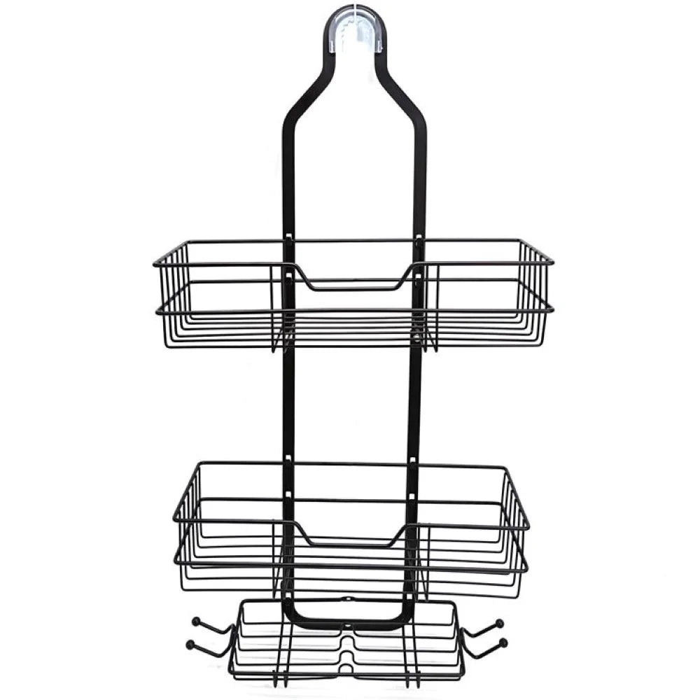 Over Head Shower Organizer, 3 Shelves Hanging Shower Caddy with Hooks, Bathroom Storage Rack for Razor Shampoo and Sponge, Rustproof, No Drilling, Black