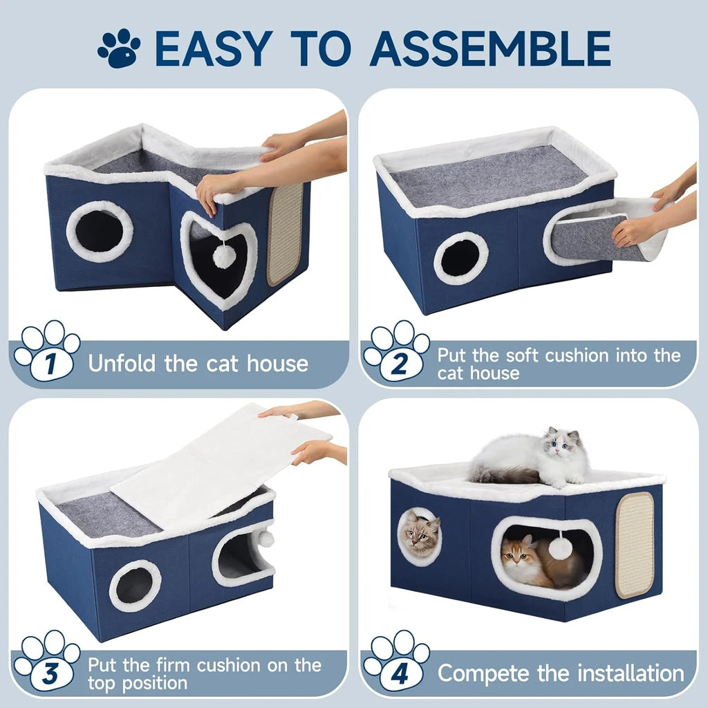 Cat Beds for Indoor Cats, Extra Wide Large Cat House for Pet Cat Cave with Scratch Pad and Fluffy Hanging Ball,Foldable Cat Cube Hideaway,Blue
