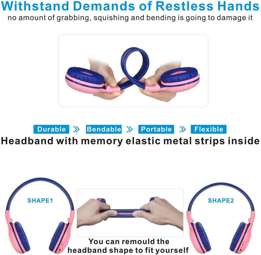 Kids Wireless Headphones Girls with Volume Limited, Bluetooth Headphones with Microphone, Foldable and Adjustable, Stereo Wireless Over-Ear Headset for Children Ipad Kindle Fire Tablet Pink