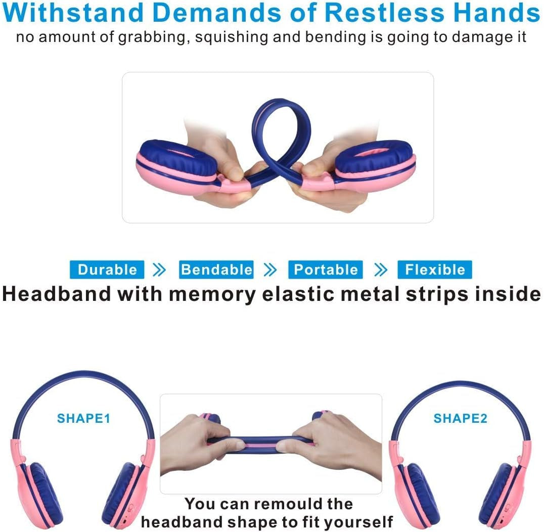 Kids Wireless Headphones Girls with Volume Limited, Bluetooth Headphones with Microphone, Foldable and Adjustable, Stereo Wireless Over-Ear Headset for Children Ipad Kindle Fire Tablet Pink