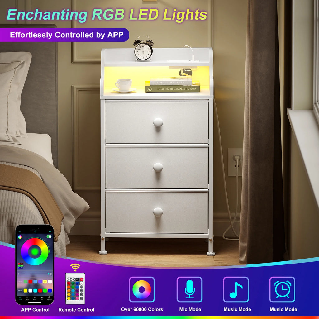 3 Drawers Nightstand with Charging Station, Bedside Table with LED Light, Modern End Side Table for Bedroom Living Room，White