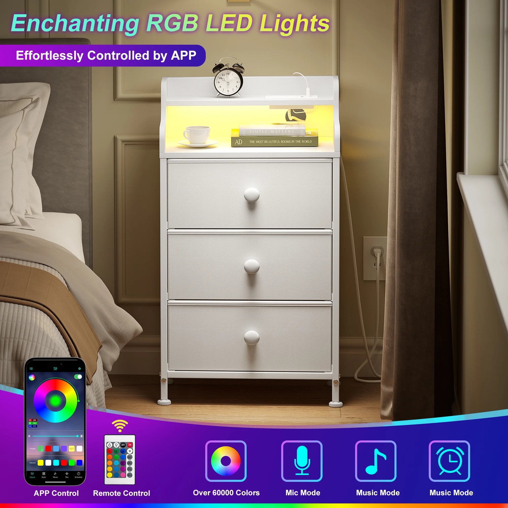 3 Drawers Nightstand with Charging Station, Bedside Table with LED Light, Modern End Side Table for Bedroom Living Room，White