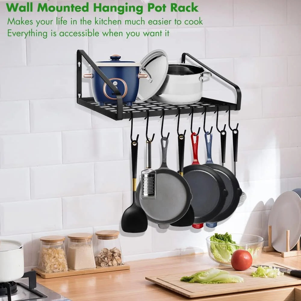 Black Steel Wall Mounted Hanging Pot Rack with 8 Hooks for Kitchen Cookware and Utensils, 2 DIY Methods