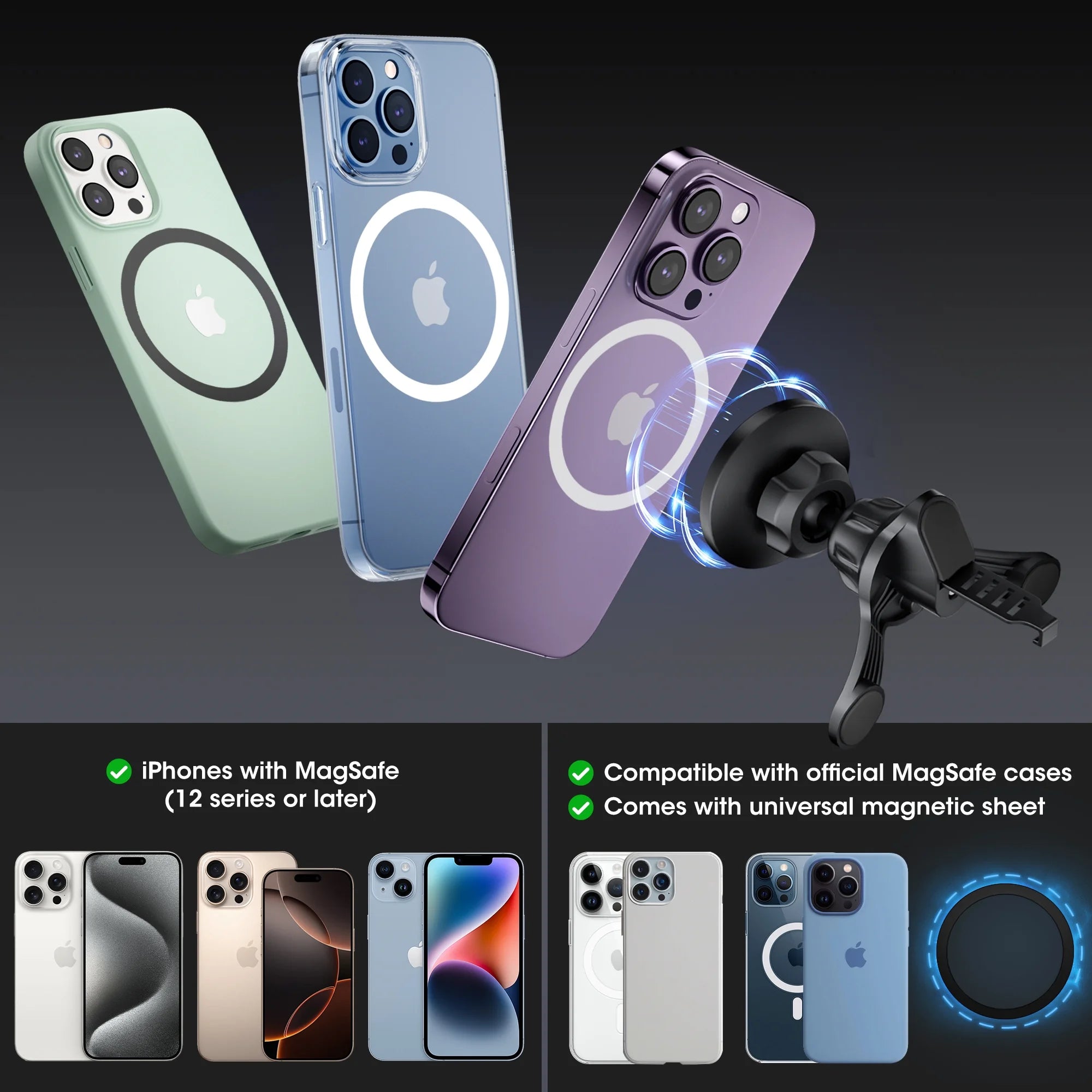 (2 Pack)  Universal Magnetic Phone Mount with Magnetic Disc, 360° Rotation, Air Vent Holder, Super Strong Magnet, Black