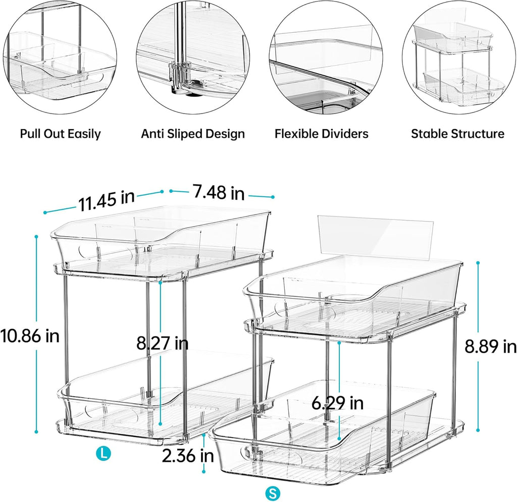 2-Tier under Sink Organizers and Storage, Multi-Purpose Stackable Bathroom Cabinet Organizers, Pull Out Kitchen Pantry Organization and Storage with Dividers(2 Pack, Clear)