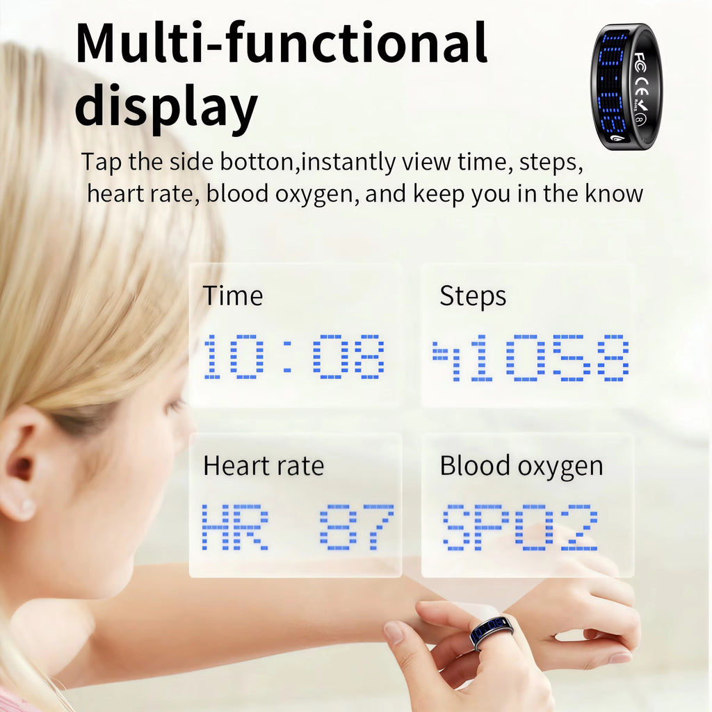 New Style Smart Rings for Men and Women! Dot - Matrix Display & Stylish Charging Base. Track Sports|Sleep|Health, and Women'S Cycles. Call Alerts, Gesture Control. Works with Iphone & Android. IP68 Waterproof.Nice Gift